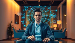 Candidate showcasing confidence in AI Interviews with a futuristic interface guiding the interaction.