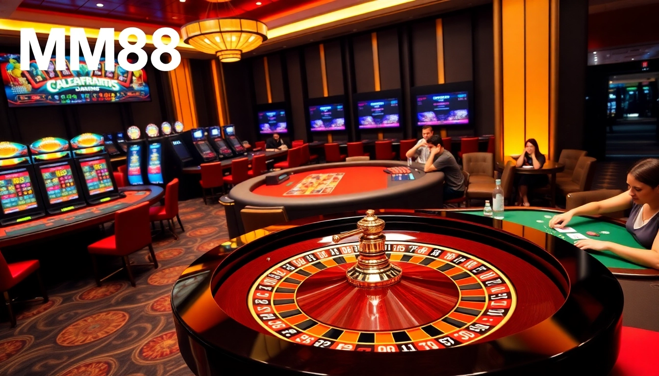 MM88 casino scene showcasing players at roulette and poker tables in a luxurious setting.