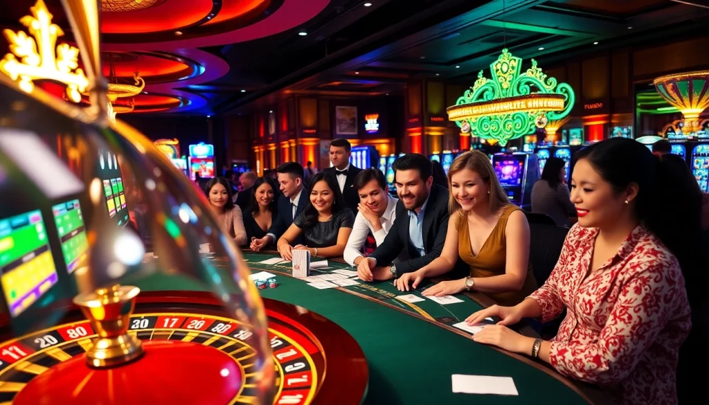 Experience the thrill of gaming with the rr88 link at an exciting casino, showcasing lively players and classic gambling elements.