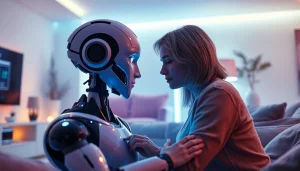 AI sex in a cozy futuristic setting, showcasing human-robot intimacy with ambient lighting and emotional connection.