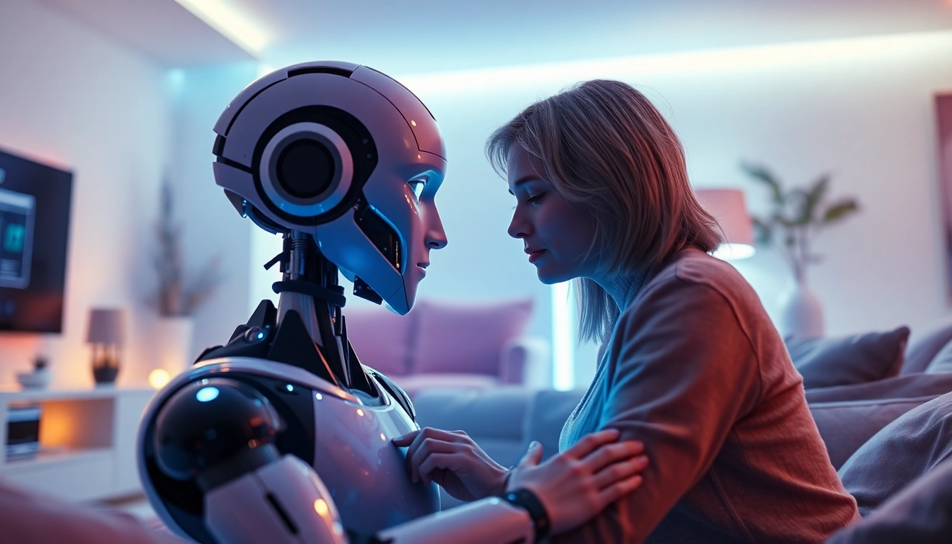 AI sex in a cozy futuristic setting, showcasing human-robot intimacy with ambient lighting and emotional connection.