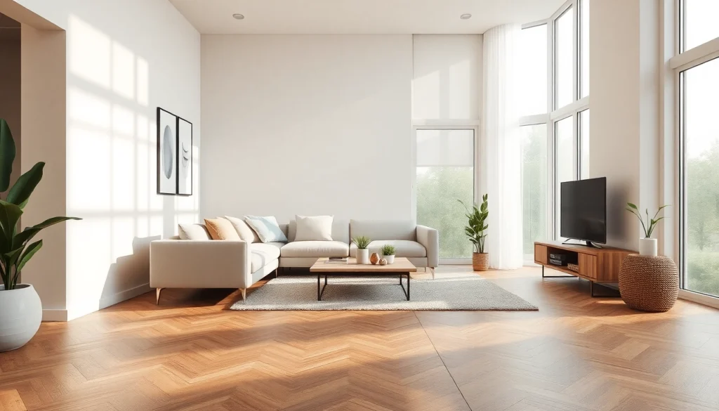 Carrelage imitation parquet présenté dans un salon moderne.