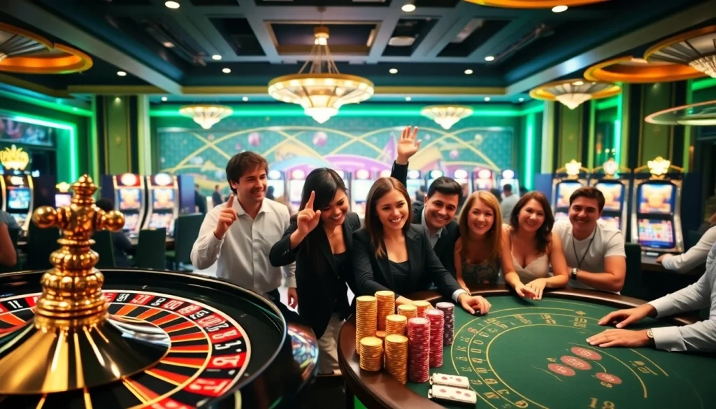 Người chơi ăn mừng chiến thắng tại bàn casino W88 giữa không gian trang trí sang trọng.