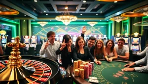 Người chơi ăn mừng chiến thắng tại bàn casino W88 giữa không gian trang trí sang trọng.