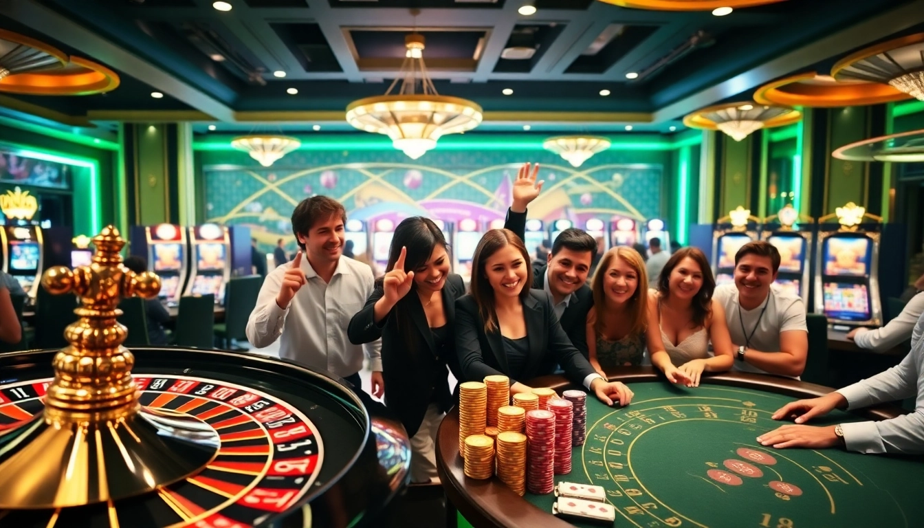 Người chơi ăn mừng chiến thắng tại bàn casino W88 giữa không gian trang trí sang trọng.