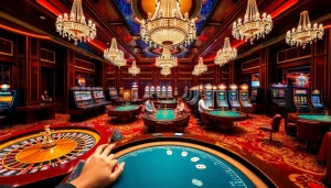 Experience the thrill of the casino at https://rr88.wales/ with players enjoying gaming tables and slot machines.