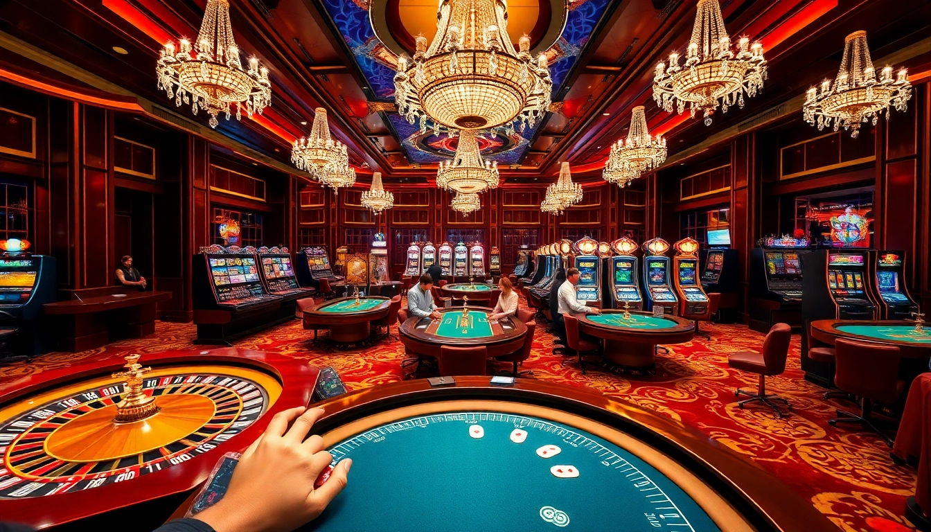 Experience the thrill of the casino at https://rr88.wales/ with players enjoying gaming tables and slot machines.