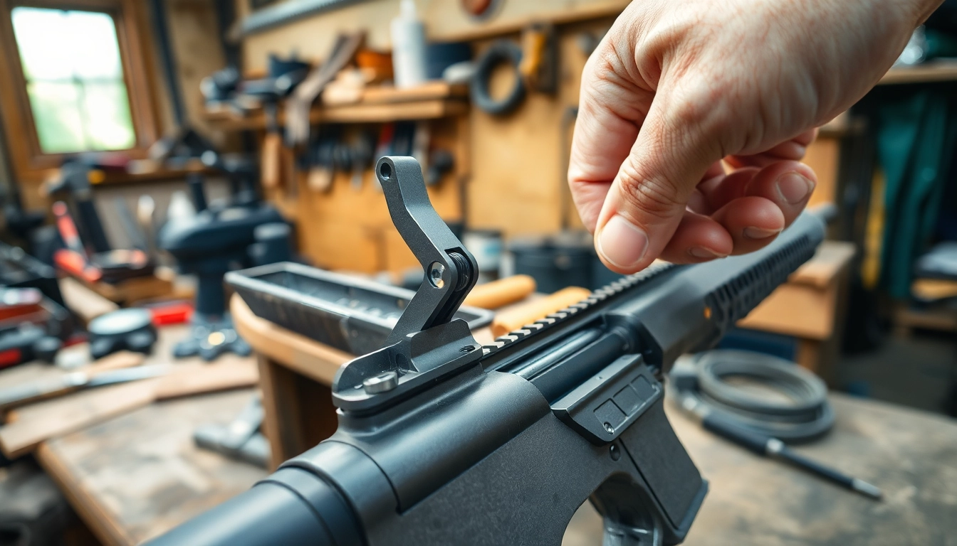 Hands installing an AR 10 trigger on a workspace, showcasing detailed craftsmanship.