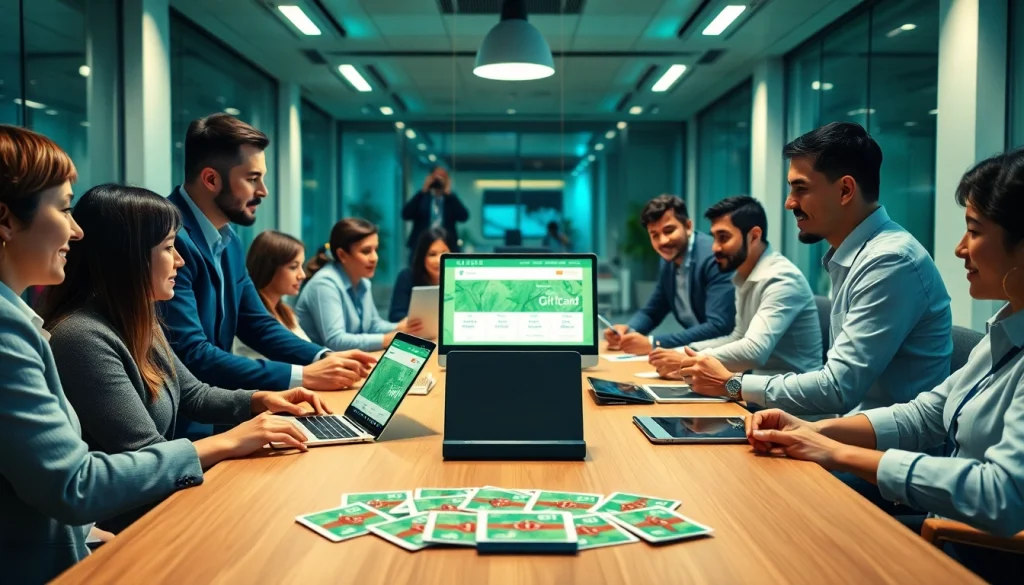 현대적인 사무실 환경에서 상품권카드를 논의하는 전문가들