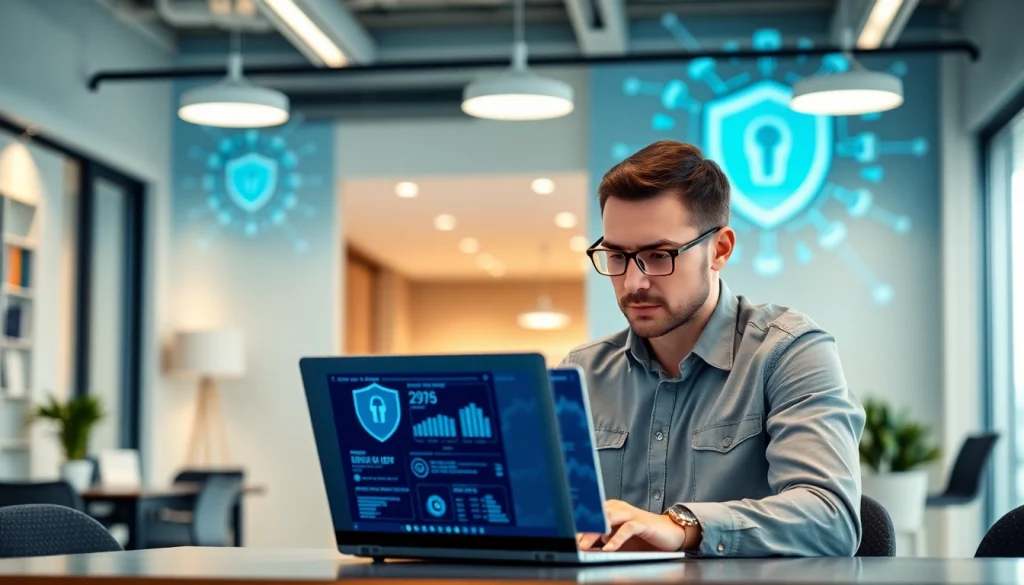 Analyze network security benefits using vpn with a professional in a modern office.