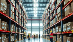 Warehouse interior filled with organized shelves and active workers managing inventory.