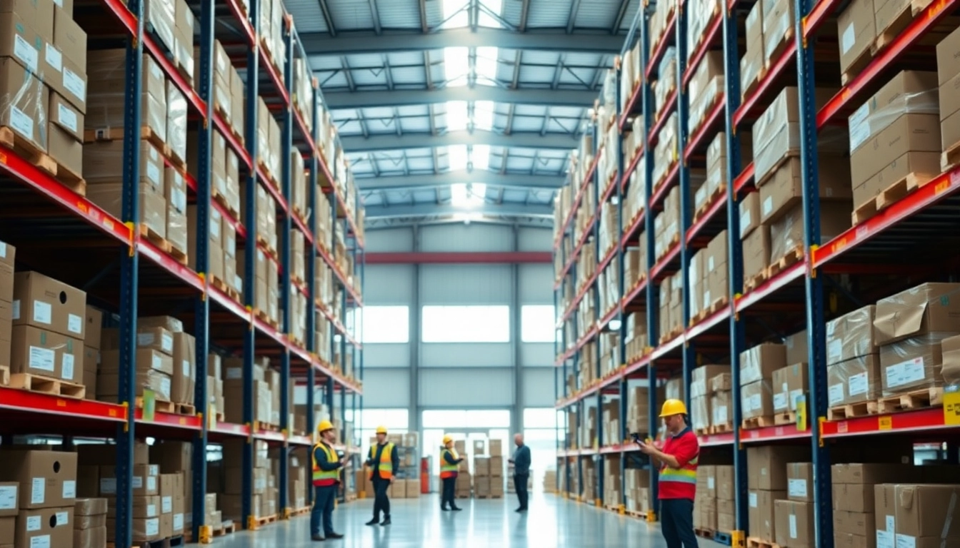 Warehouse interior filled with organized shelves and active workers managing inventory.