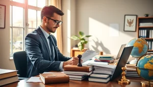 Traduzione giurata services depicted in a professional office, showcasing a translator at work.