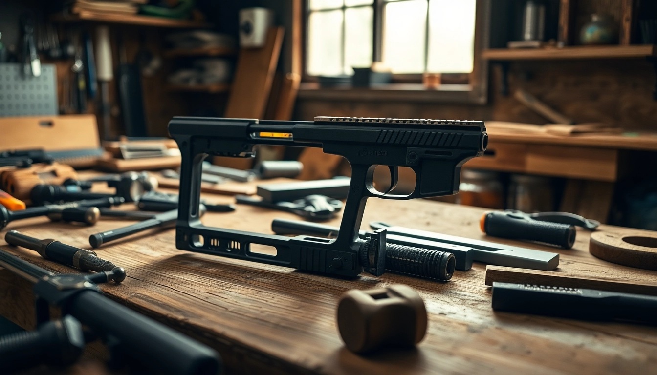 Assembling a p80 frame on a workbench with tools, highlighting its design and texture.