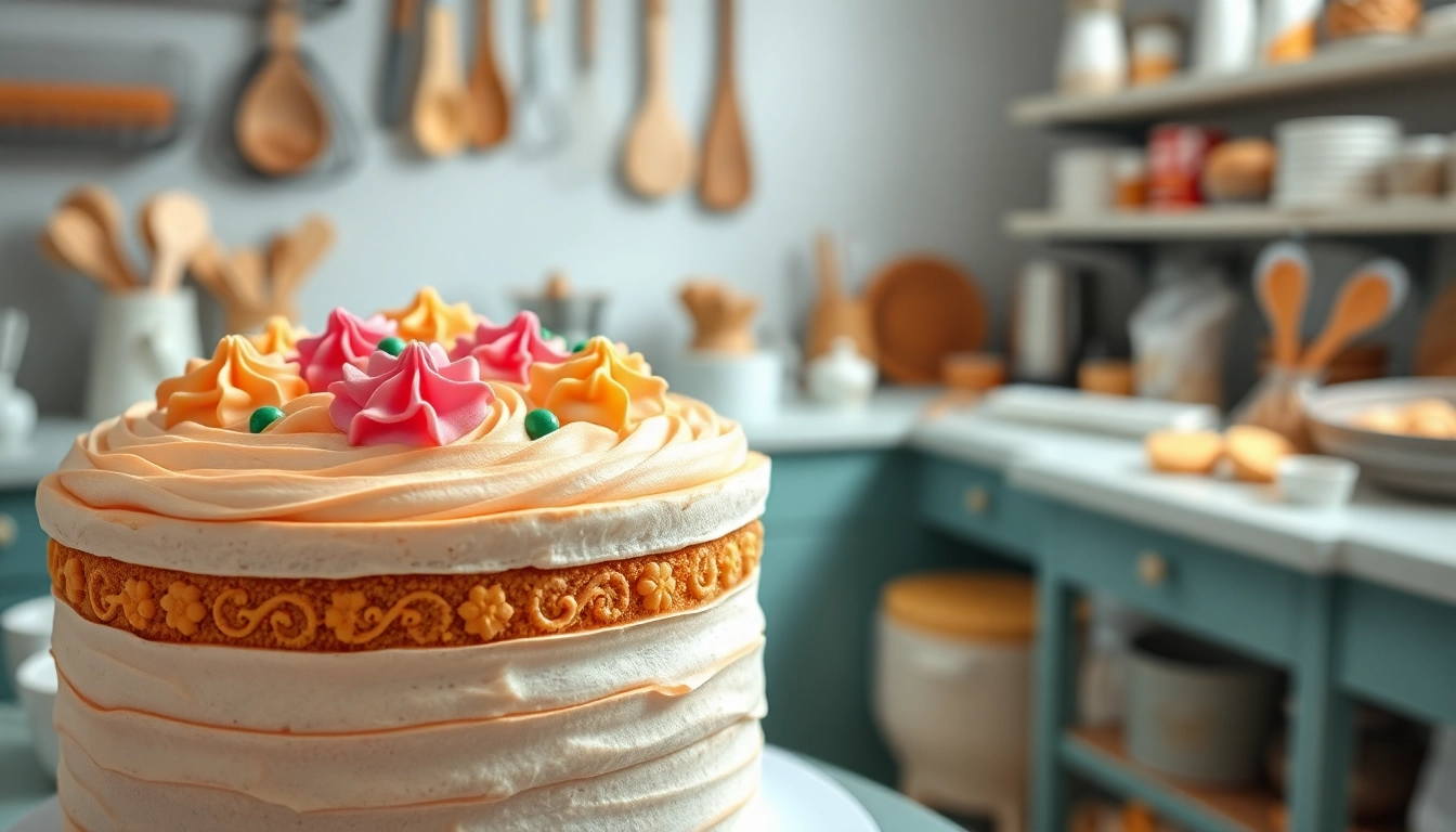 Creëren van een elegante mousseline crème op een prachtig versierde taart.