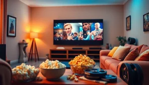 Enjoy watching filme noi in a cozy home cinema setup with popcorn and film reels.