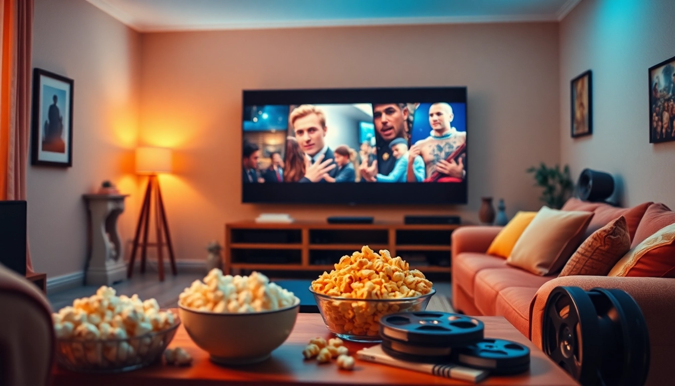 Enjoy watching filme noi in a cozy home cinema setup with popcorn and film reels.
