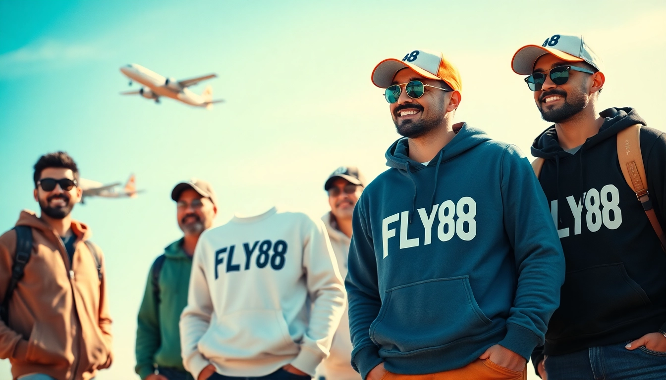 FLY88 aviation-inspired apparel worn by diverse individuals against a blue sky backdrop.