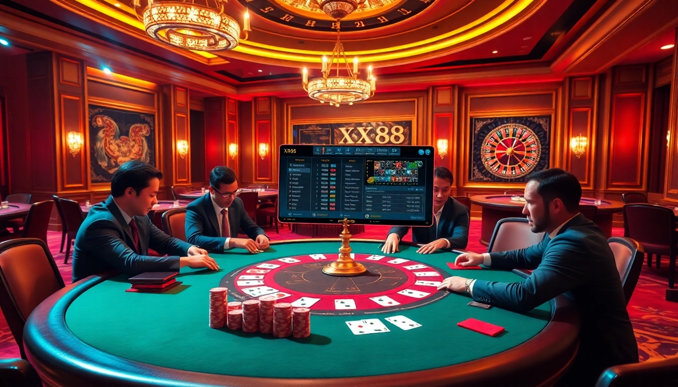 Baccarat game at https://xx88.us/ with poker chips and professional players in an elegant casino.