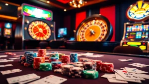 Dynamic poker game at https://rr88.wales/ with colorful chips, exciting roulette wheel, and vibrant atmosphere.