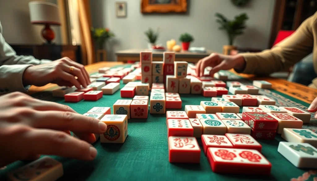 Bermain demo mahjong dengan set tiles yang berwarna-warni di meja, menyatu dalam suasana santai.