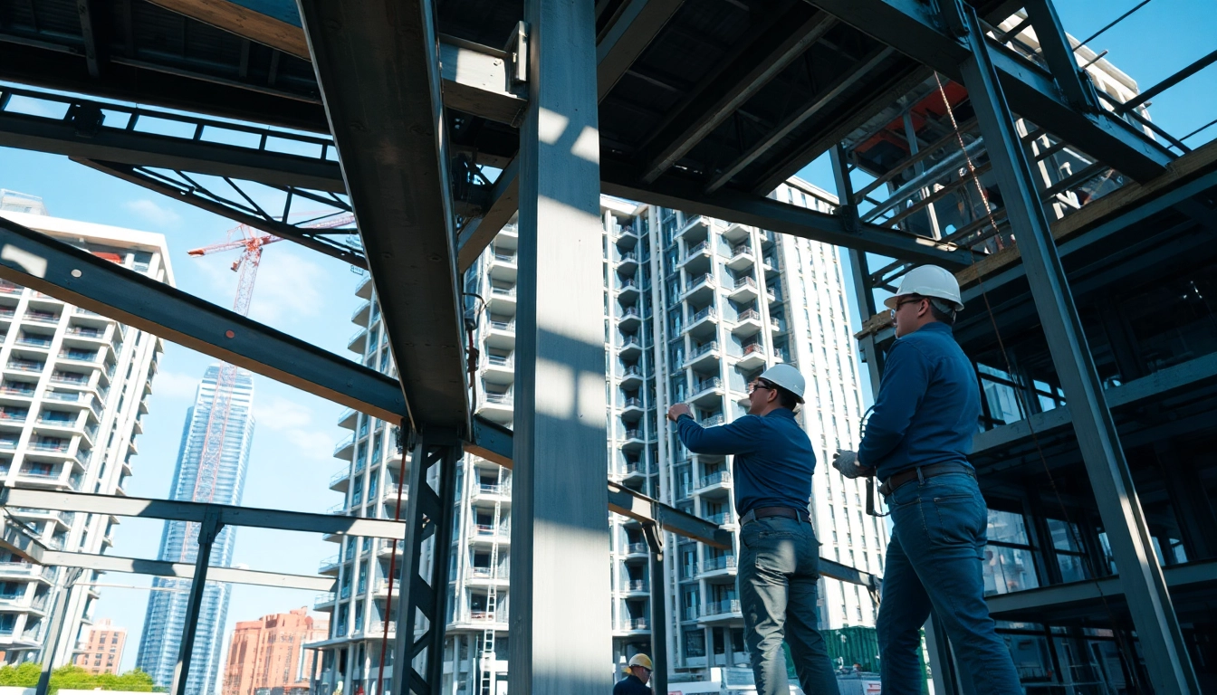 Showcasing structural steel construction with workers assembling steel beams at a construction site.