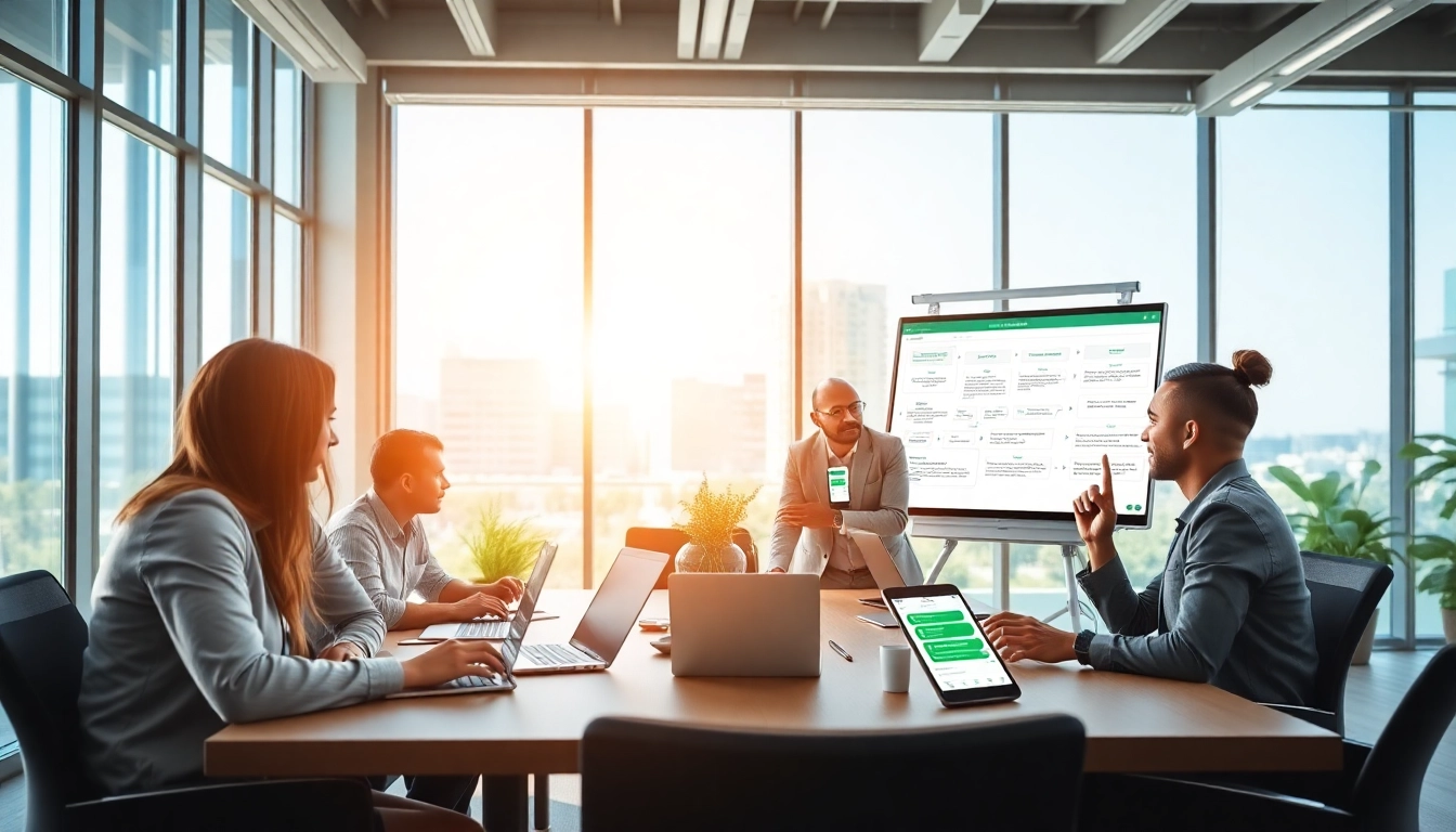 Team collaborating effectively using WhatsApp Smart CRM in a modern office.