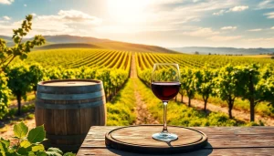 Sample wine experience at wineries in Clarksburg showcasing beautiful vineyards and a glass of red wine.