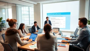 Visual representation of online email verification, illustrating team collaboration in a modern office setting with digital data.