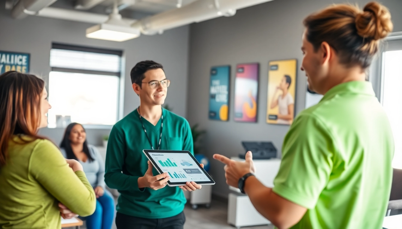 Engaging physical therapy marketing discussion in a bright clinic setting, showcasing strategies and collaboration.