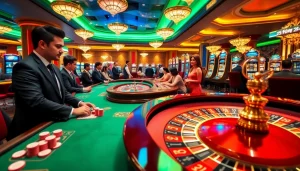 Experience the thrill of Hi88 with players enjoying poker and roulette in a luxurious casino atmosphere.