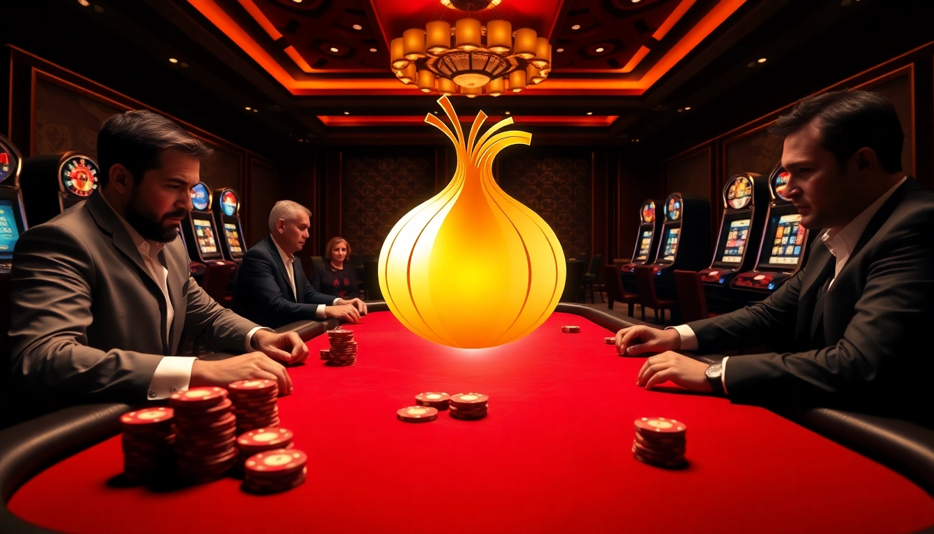 Engaging players at a poker table in a casino with hidden wiki onion elements integrated for a unique gambling experience.