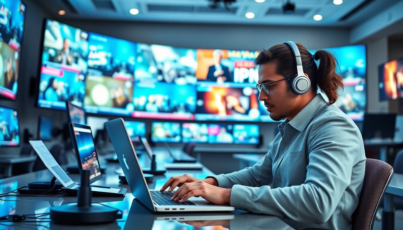 Journalist composing news content at https://www.todayville.com in a lively newsroom.