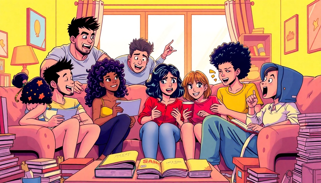 무료웹툰을 즐기고 있는 다양한 캐릭터들, 아늑한 거실 세팅 장면