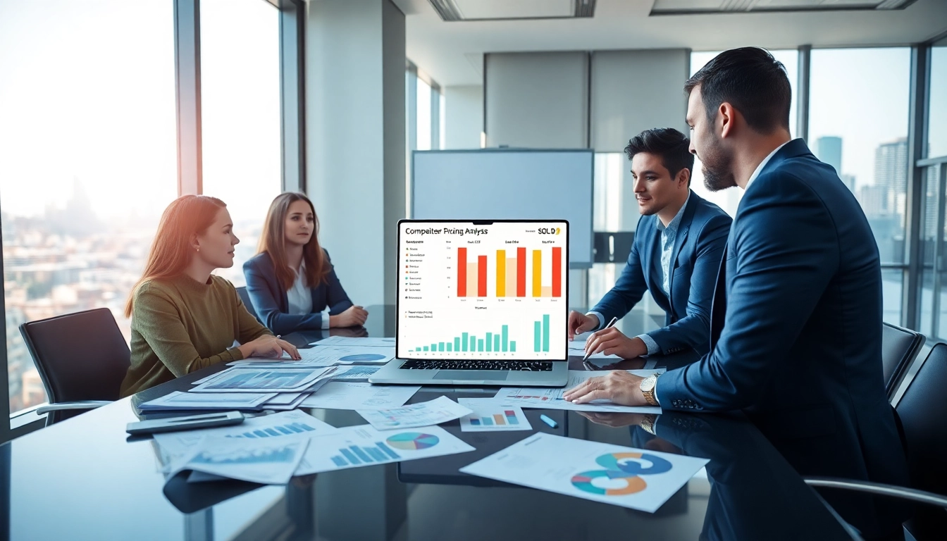 Analyze competitor pricing strategies during a professional business meeting in a modern office.
