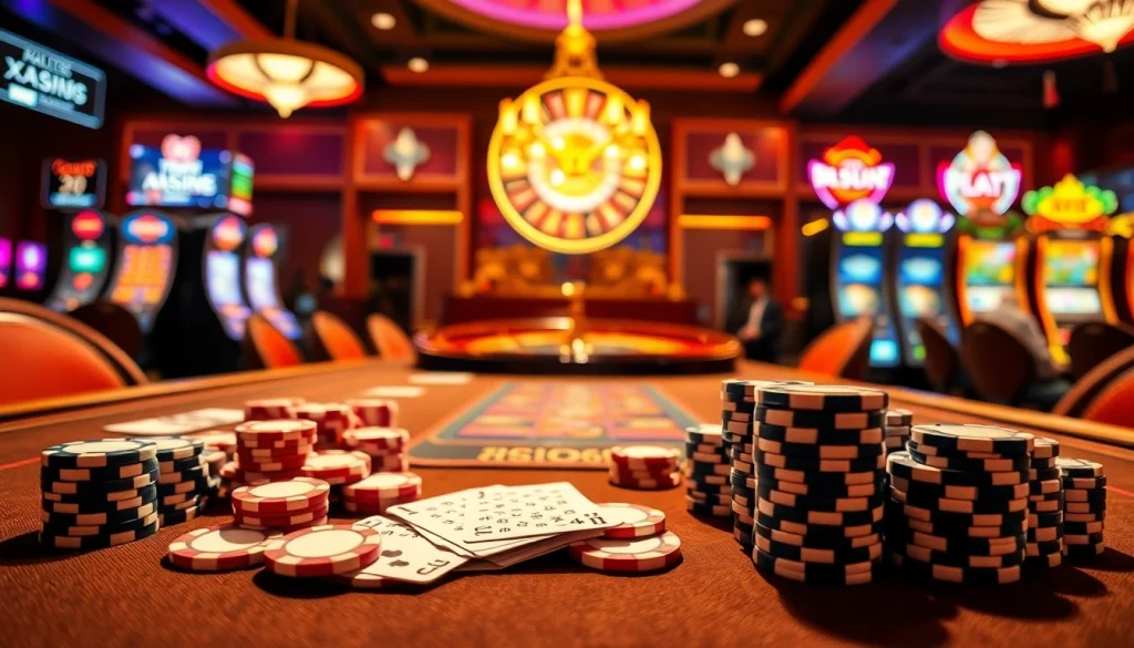 XSMB247 betting scene with poker chips and cards on a casino table