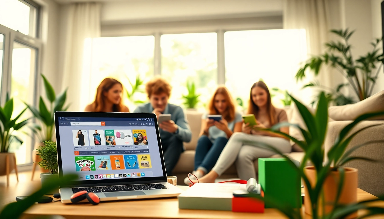 Users interacting with https://buyingst.com in a bright e-commerce environment full of tech devices.