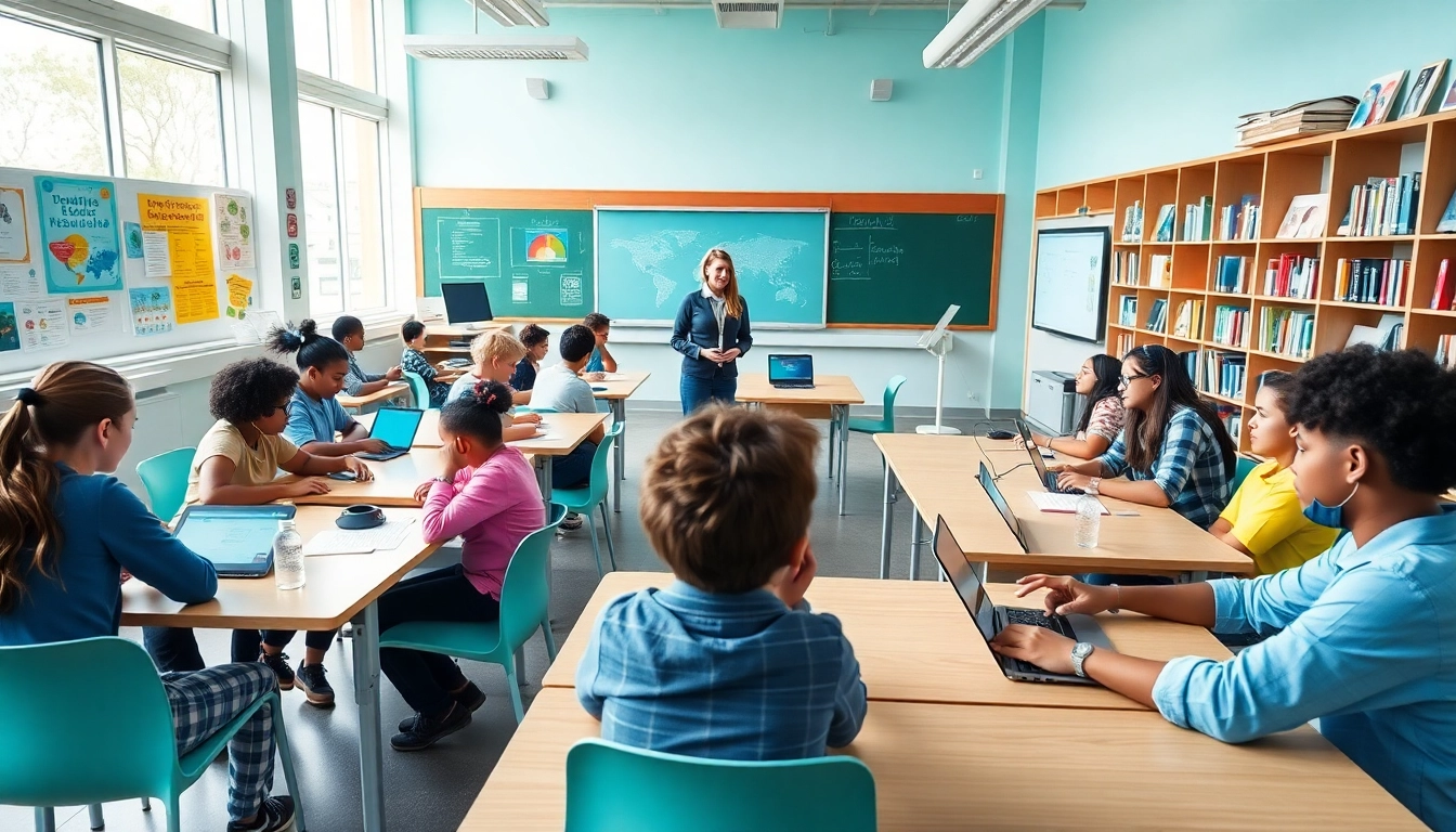 Empowering education: Diverse students collaborating with technology in a modern classroom.