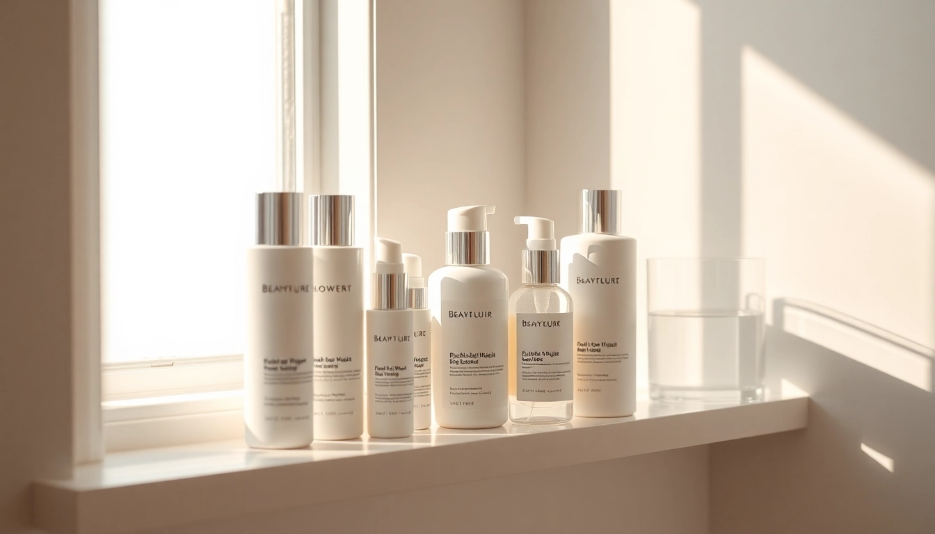 Kosmetika grožio priemonės estetikoje ant vonios lentynos.