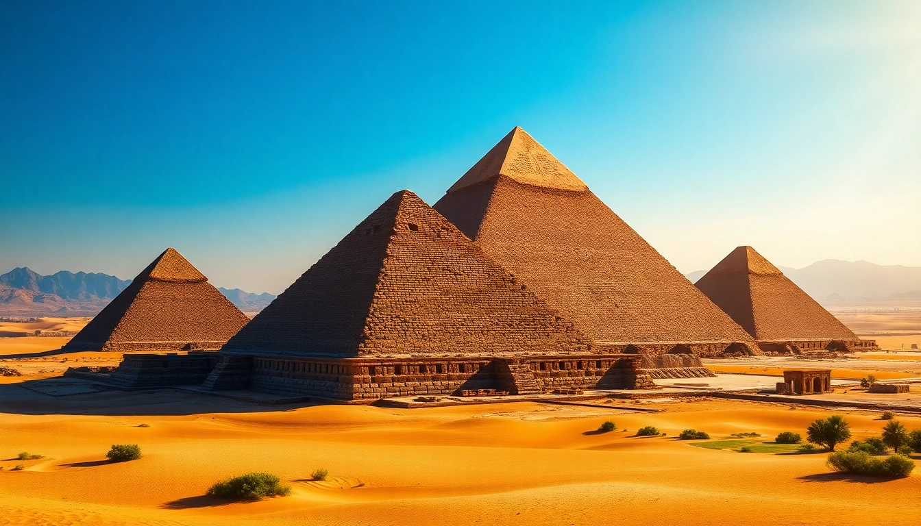Pyraminds rise majestically against a blue sky, showcasing their incredible architecture and history.