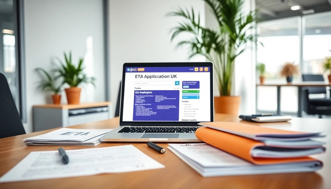 Completing the eta application uk process with organized application forms on a desk.