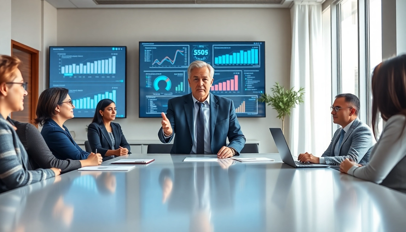 Crisis management consultant presenting strategic solutions to executives in a modern office.