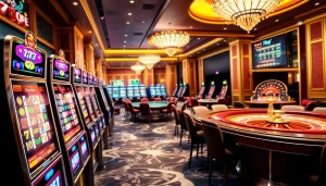 Engaging scene showcasing idn slot 777 at a luxurious casino with vibrant slot machines and tables.