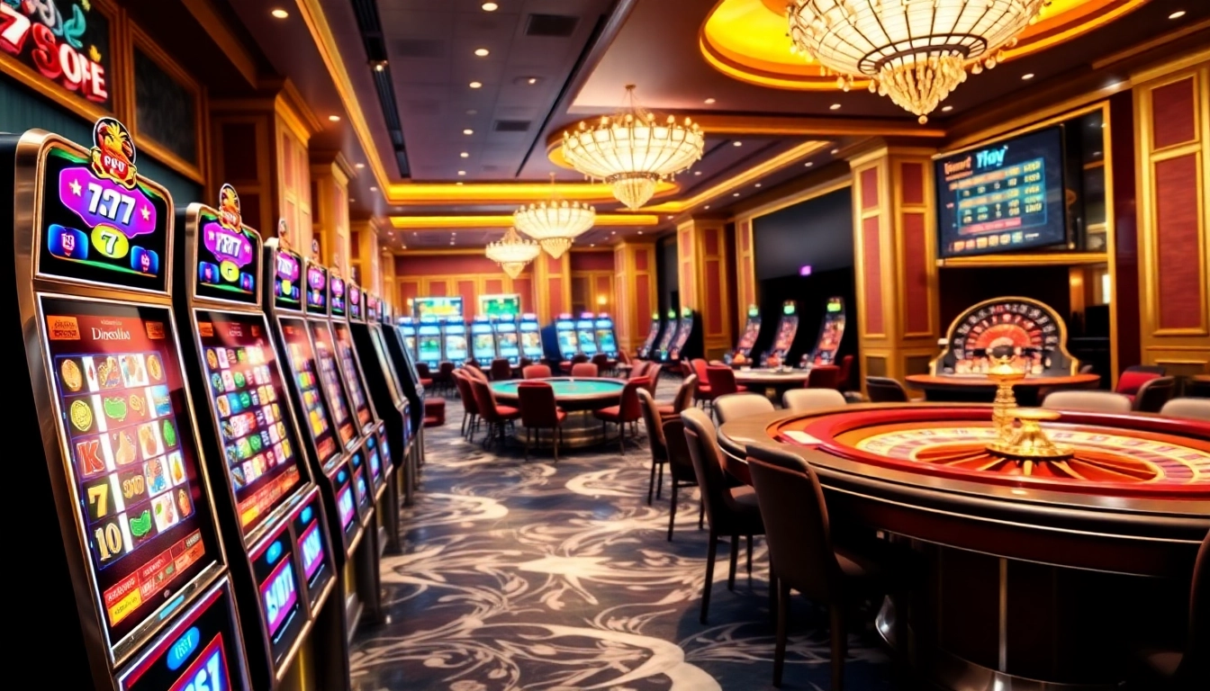 Engaging scene showcasing idn slot 777 at a luxurious casino with vibrant slot machines and tables.