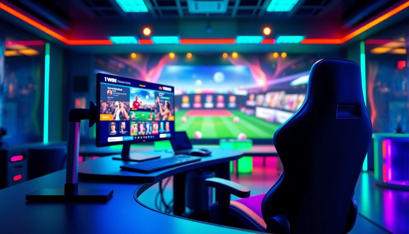 etrafli 1win oyun reyi ilə müasir oyun qurğusu, parlaq LED işıqları və rahat oyun kreslosu