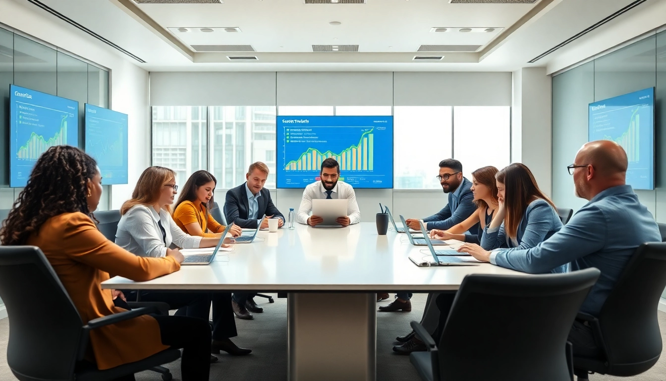 Engaging scene illustrating business growth insights during a meeting with diverse professionals.