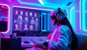 Futuristic scene of a user interacting with an NSFW AI chatbot, showcasing diverse AI-generated characters and high-tech interface.