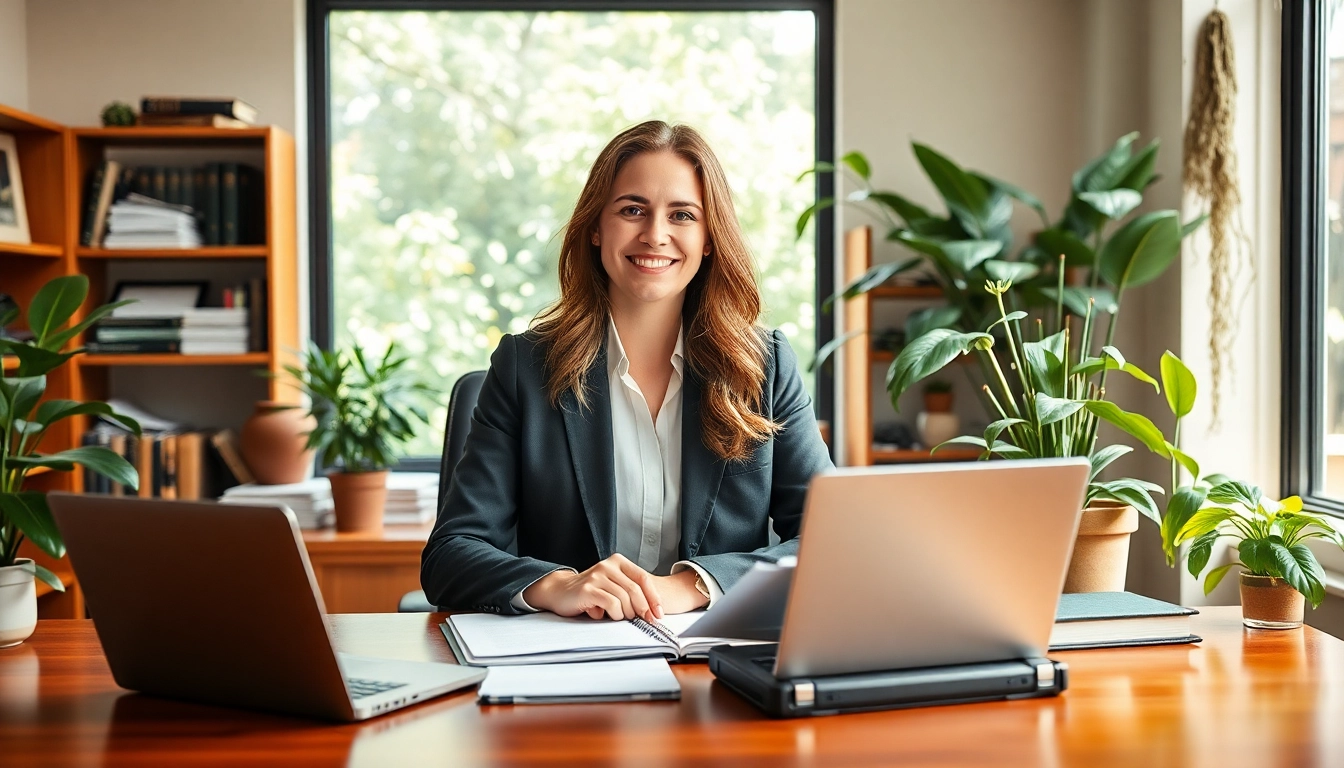Environmental lawyer providing legal advice in a nature-inspired office space.