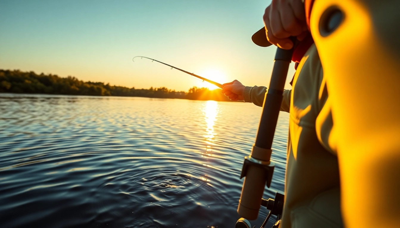 Engaging in fly fishing for bass on a tranquil lake during golden hour.