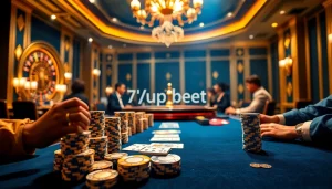 Experience the thrill of gaming at 7upbet with an elegant casino scene featuring poker tables and vibrant chips.